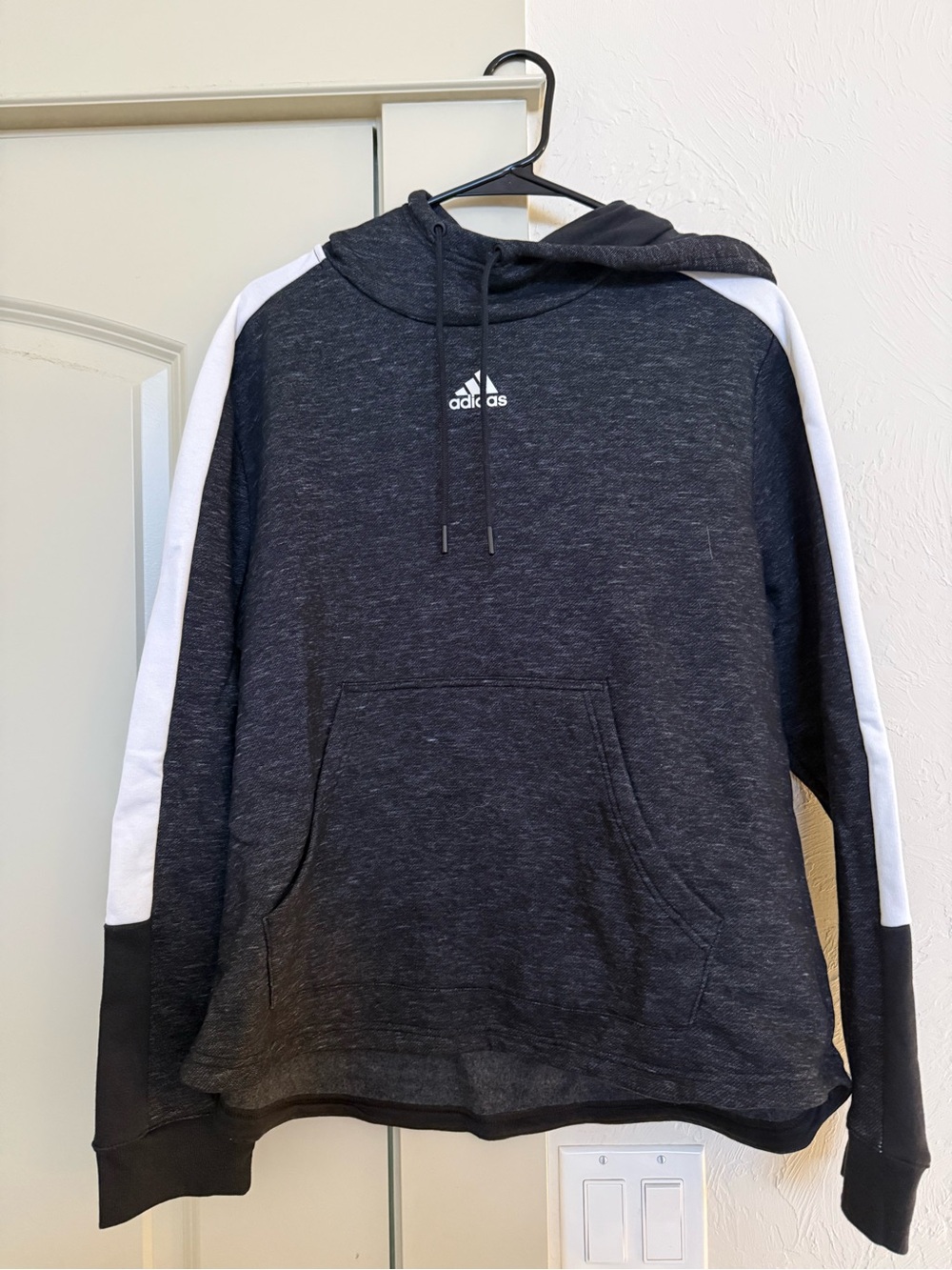 Adidas Women’s Heather Gray Hoodie with White Sleeve Stripes